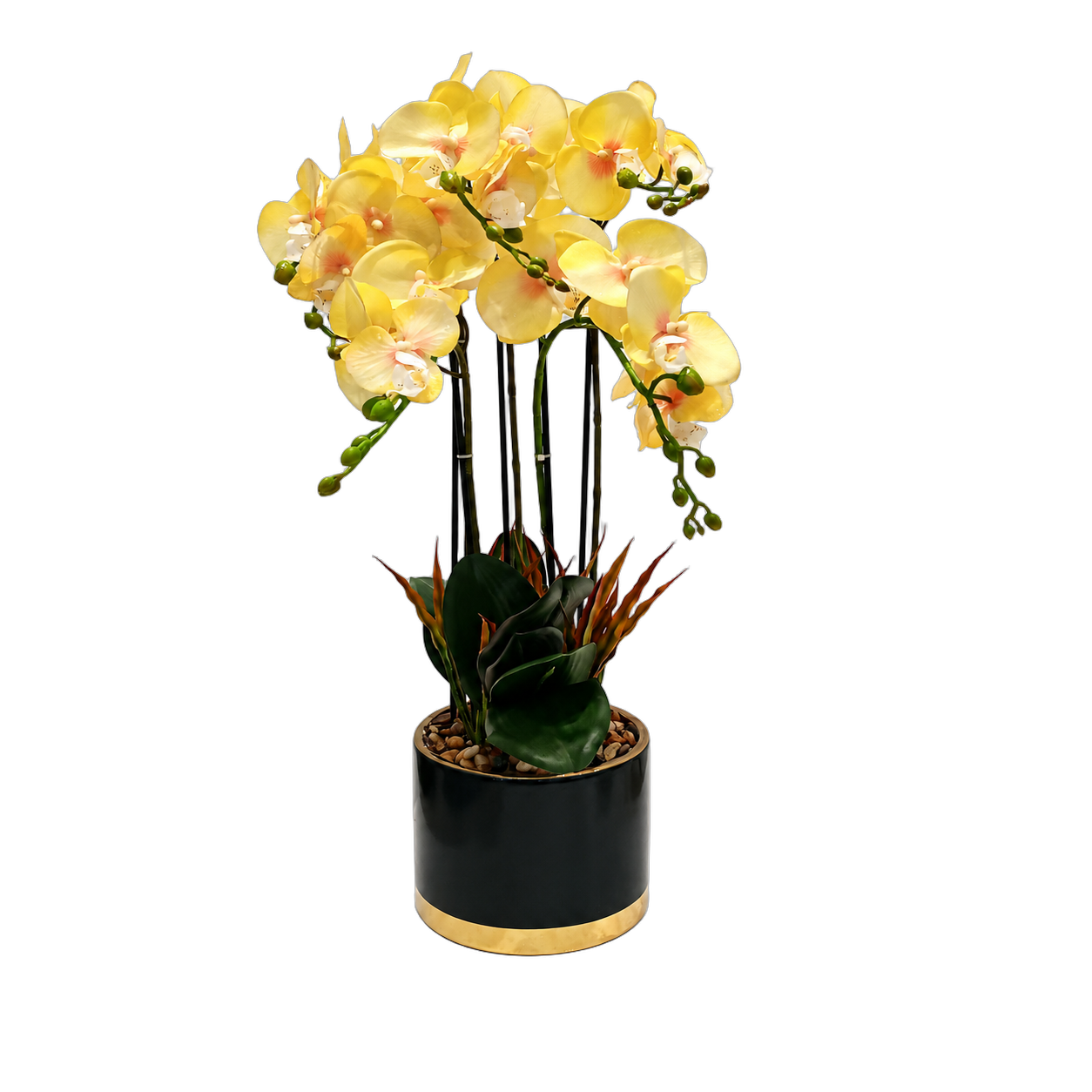 Orquídea artificial real al tacto color amarilla en maceta redonda azul con filos dorados de cerámica (17.5*69cm)