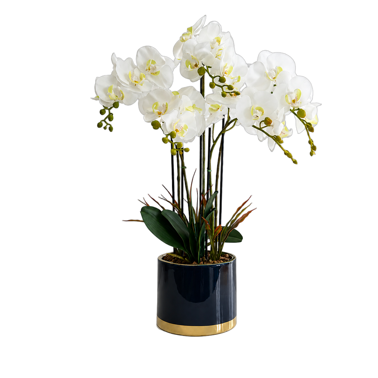 Orquídea artificial real al tacto color blanco en maceta redonda azul con filos dorados de cerámica (17.5*69cm)