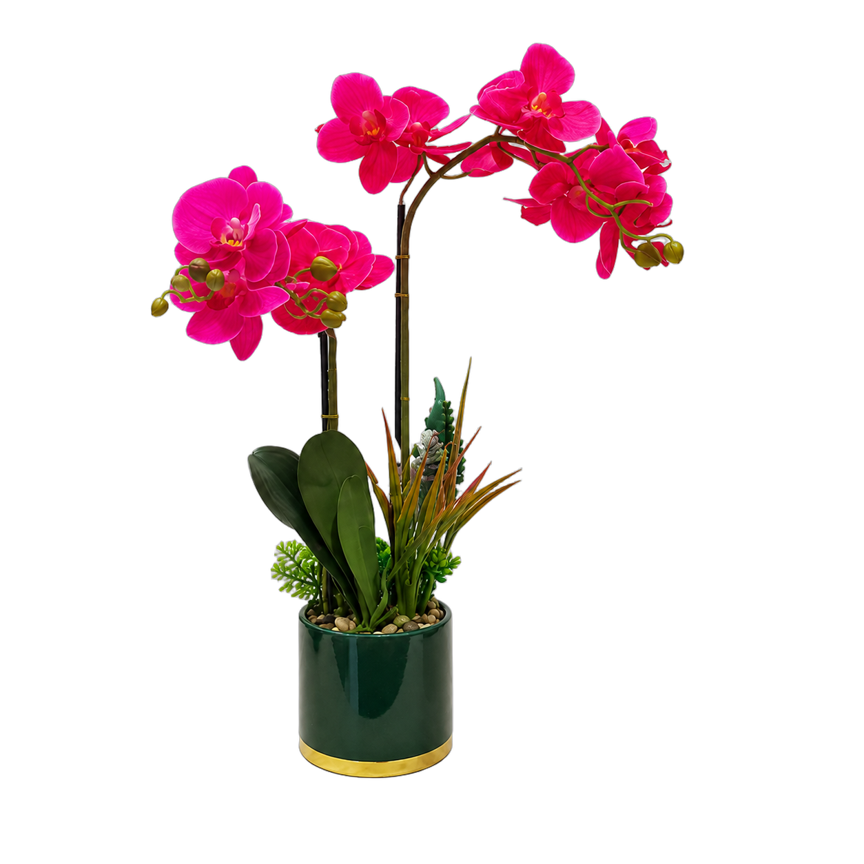 Orquídea artificial real al tacto color fucsia en maceta redonda verde con filos dorados de cerámica (12.5*57cm)