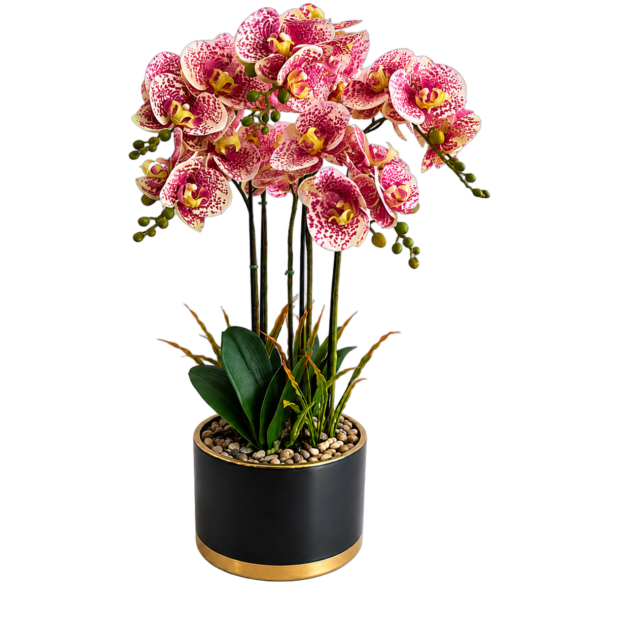Orquídea artificial real al tacto color jaspeada 1 en maceta redonda azul con filos dorados de cerámica (17.5*69cm)