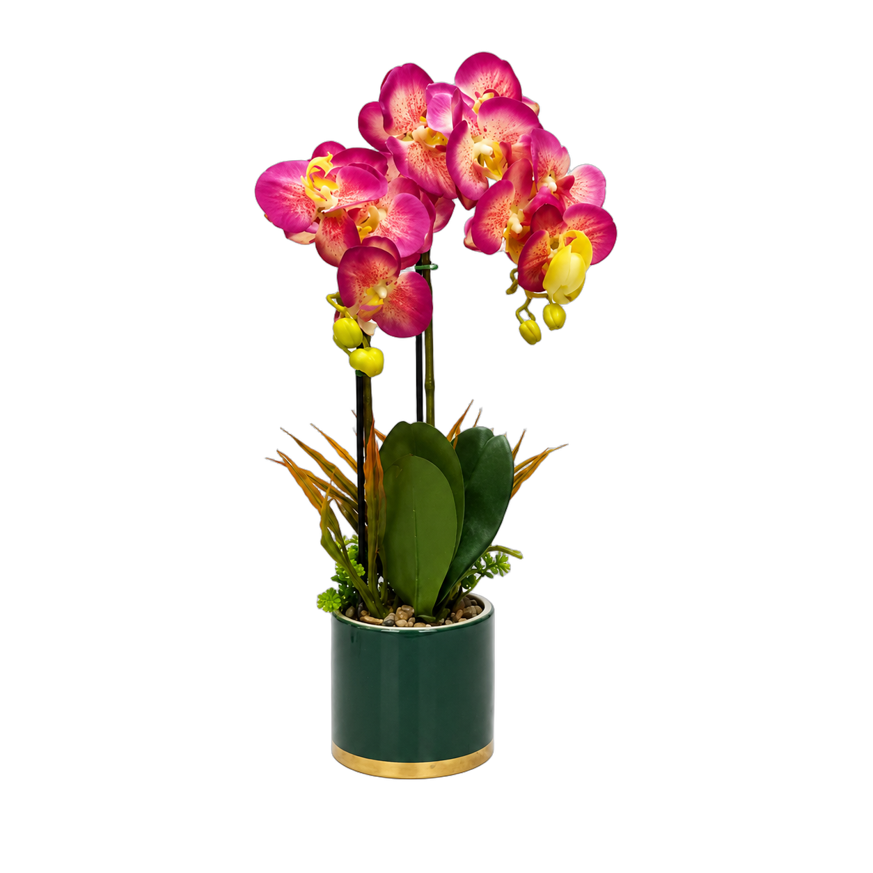 Orquídea artificial real al tacto color morado con verde en maceta redonda verde con filos dorados de cerámica (12.5*57cm)