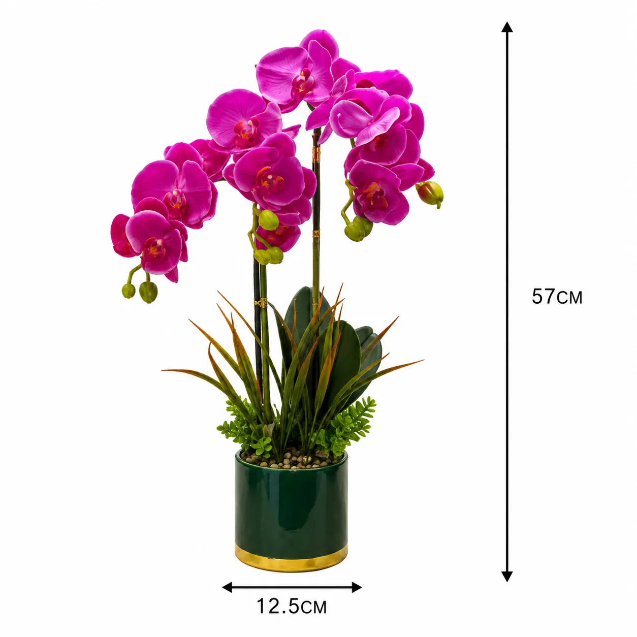 Orquídea artificial real al tacto color morada en maceta redonda verde con filos dorados de cerámica (12.5*57cm)