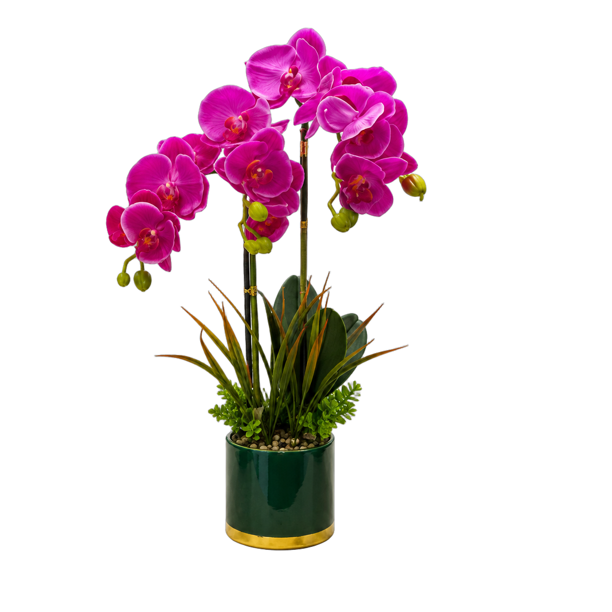 Orquídea artificial real al tacto color morada en maceta redonda verde con filos dorados de cerámica (12.5*57cm)