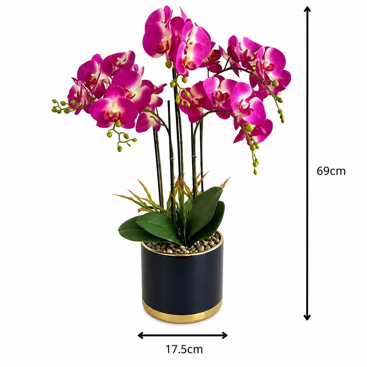 Orquídea artificial real al tacto color morado en maceta redonda azul con filos dorados de cerámica (17.5*69cm)
