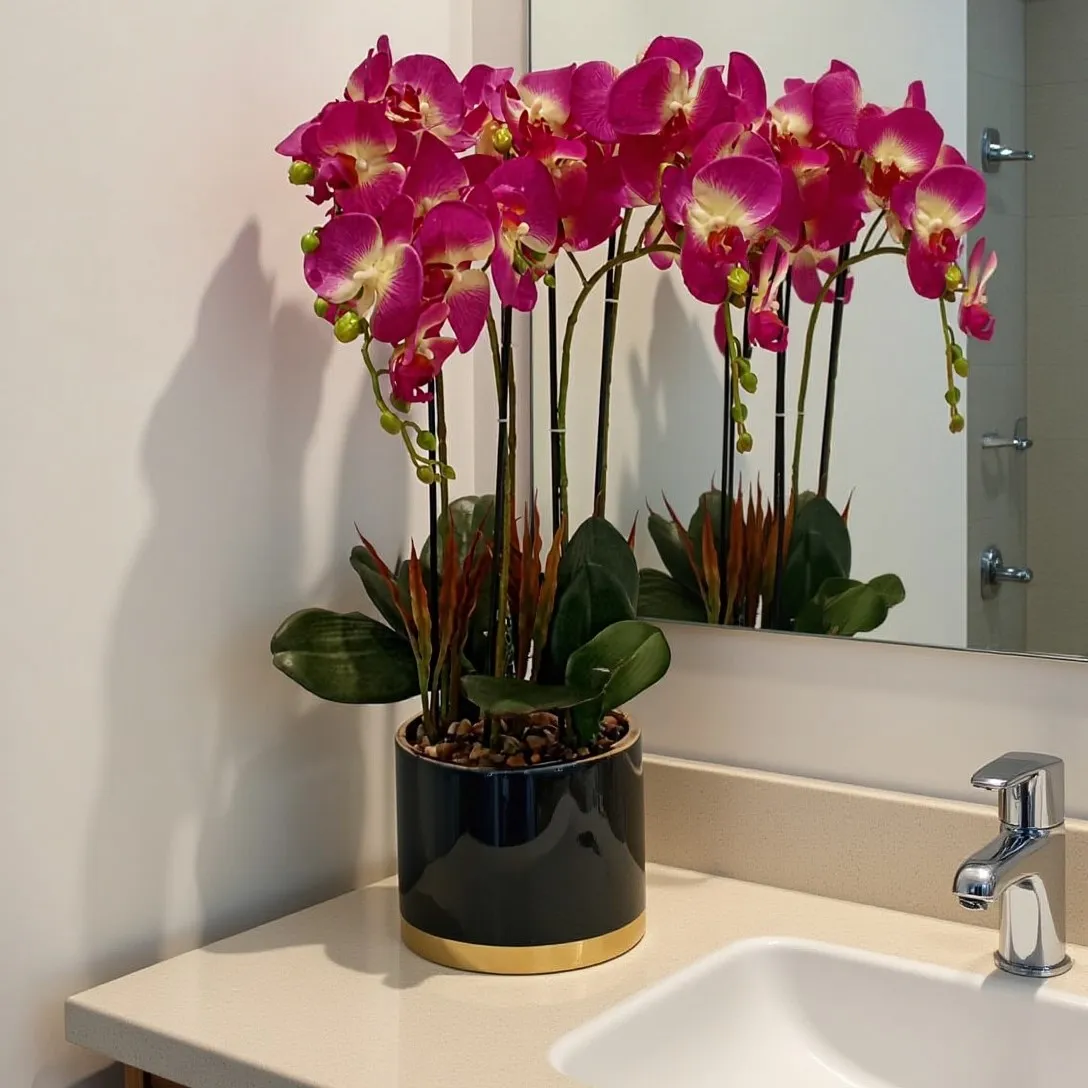 Orquídea artificial real al tacto color morado en maceta redonda azul con filos dorados de cerámica (17.5*69cm)