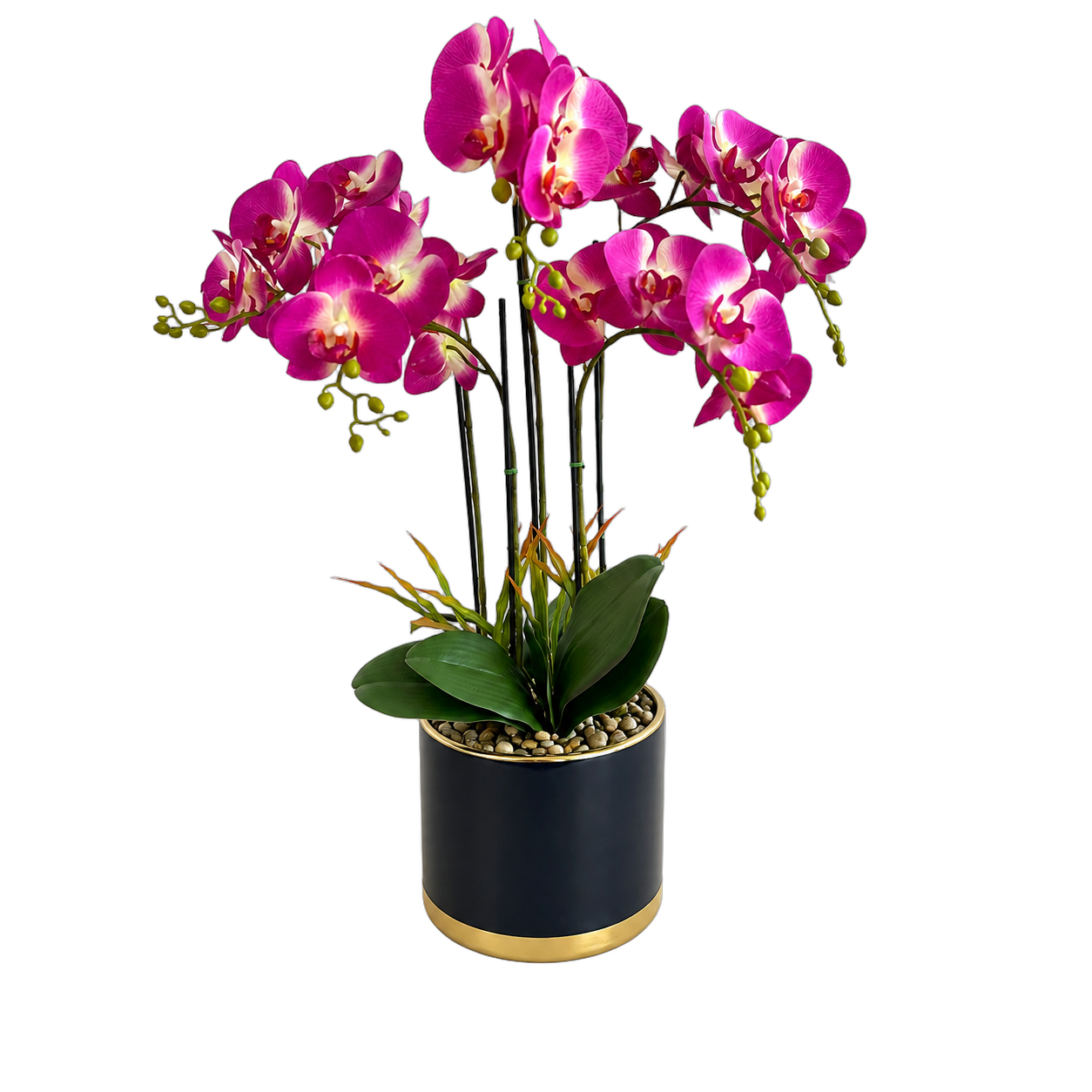 Orquídea artificial real al tacto color morado en maceta redonda azul con filos dorados de cerámica (17.5*69cm)