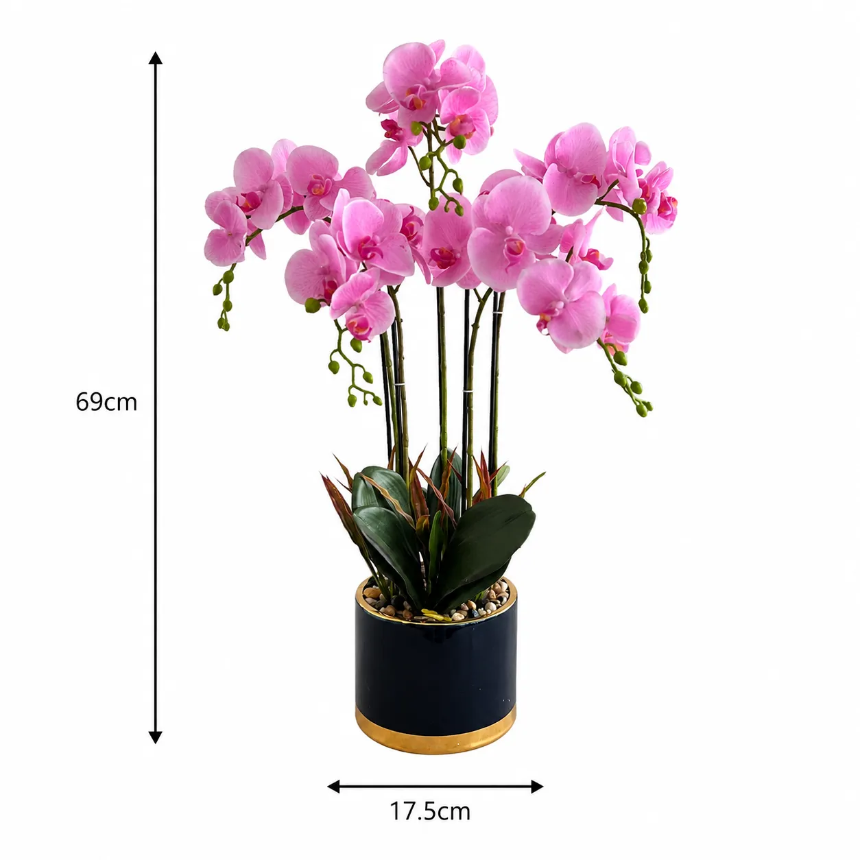 Orquídea artificial real al tacto color rosada con blanco en maceta redonda azul con filos dorados de cerámica (17.5*69cm)