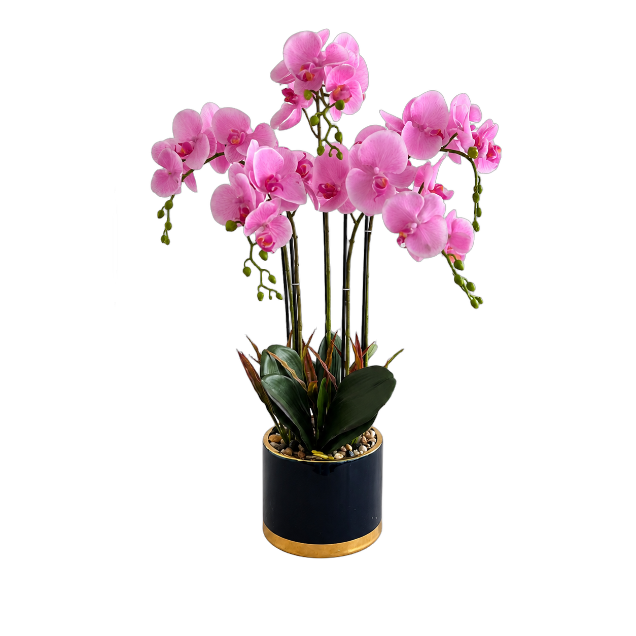 Orquídea artificial real al tacto color rosada con blanco en maceta redonda azul con filos dorados de cerámica (17.5*69cm)