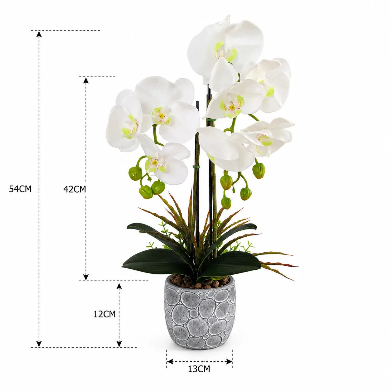 Orquídea artificial real al tacto color blanca en maceta redonda gris mate de cerámica (13*54cm)