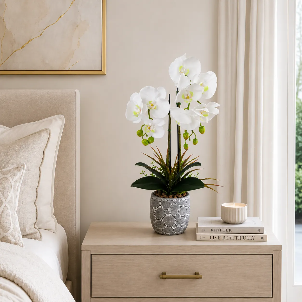 Orquídea artificial real al tacto color blanca en maceta redonda gris mate de cerámica (13*54cm)