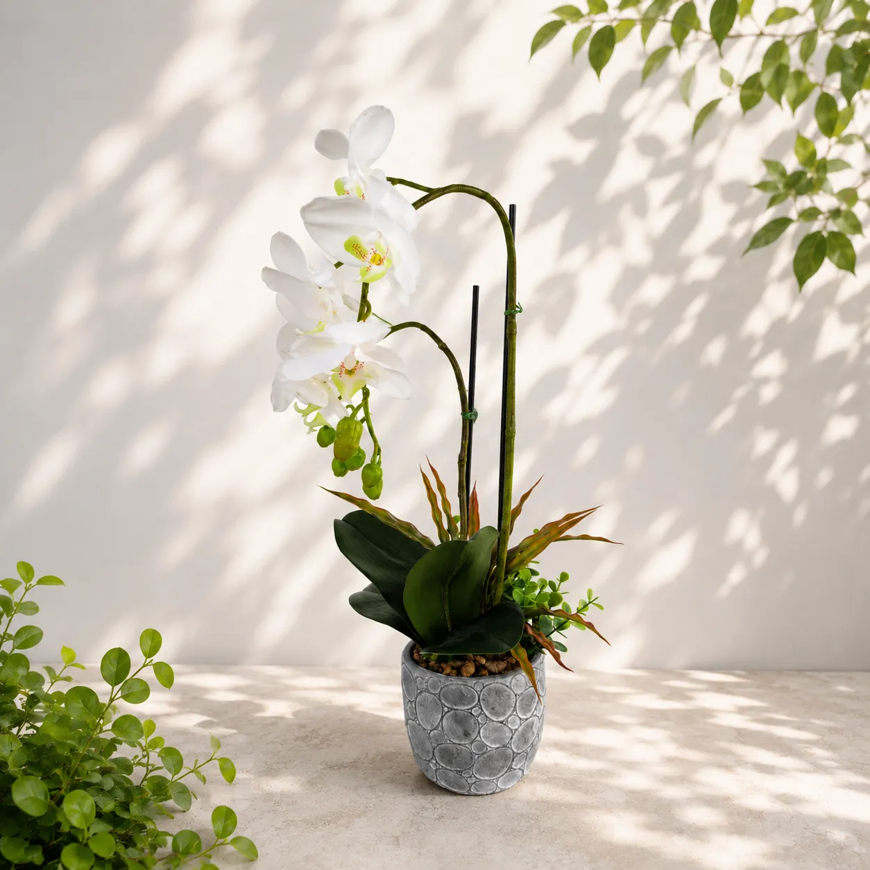 Orquídea artificial real al tacto color blanca en maceta redonda gris mate de cerámica (13*54cm)