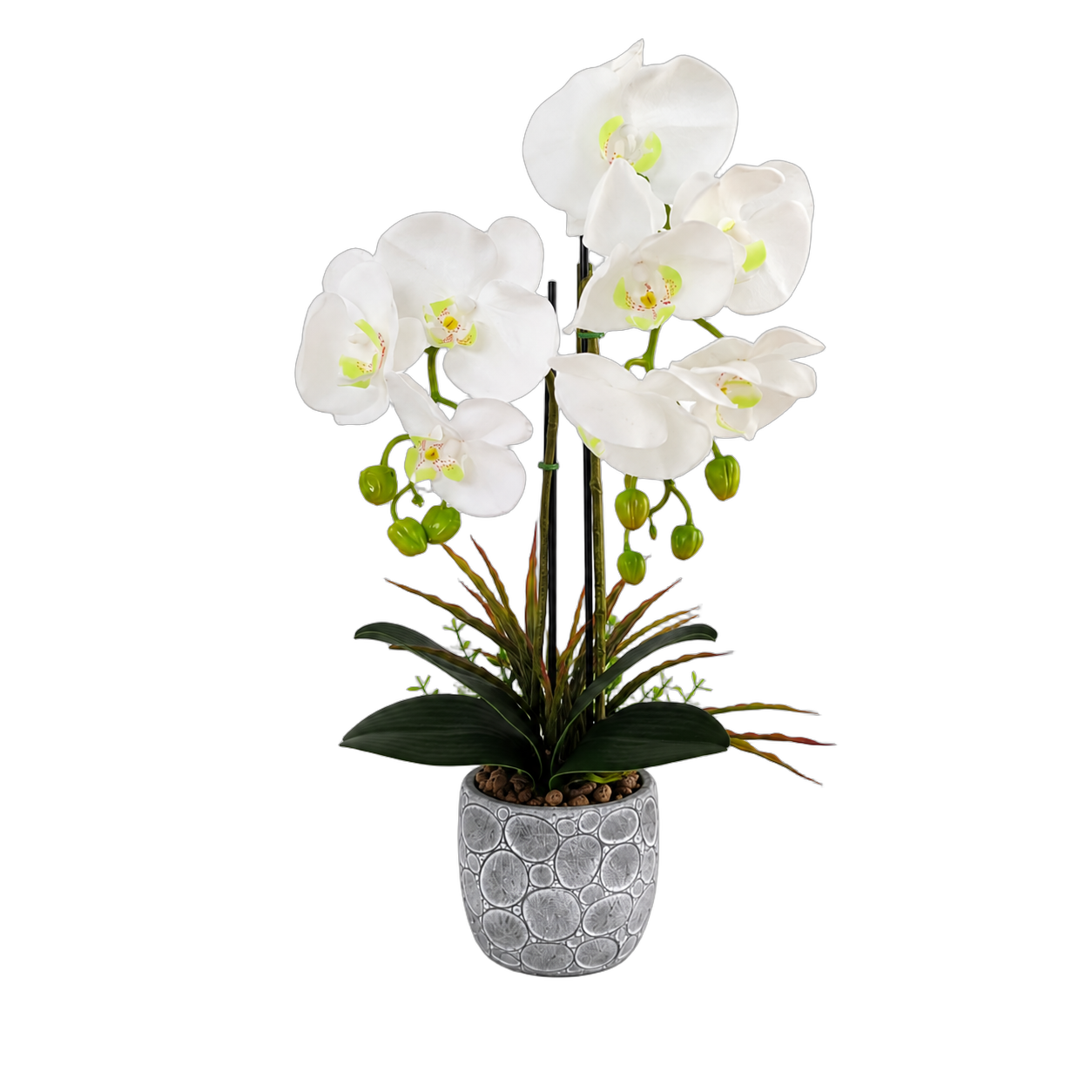 Orquídea artificial real al tacto color blanca en maceta redonda gris mate de cerámica (13*54cm)