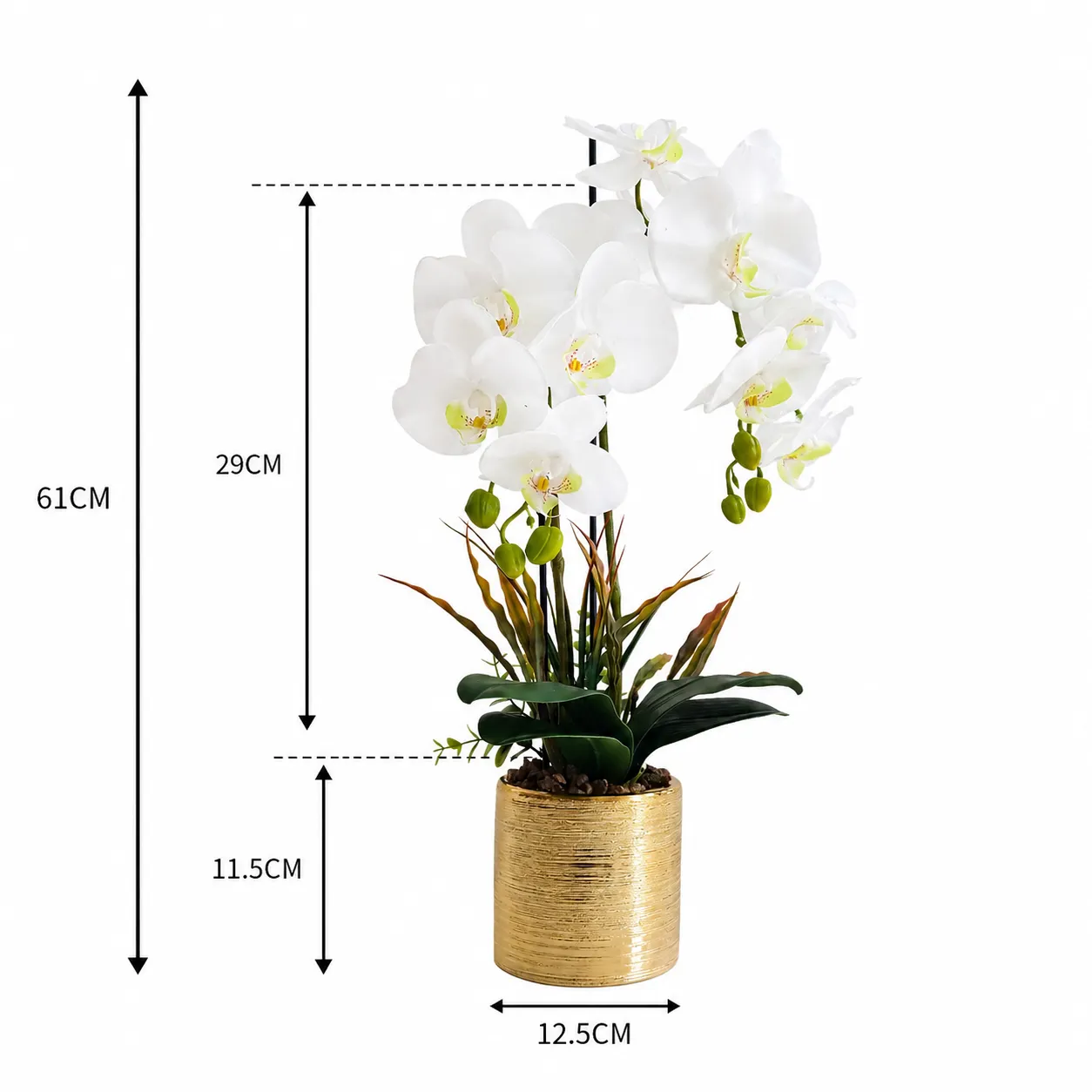 Orquídea artificial real al tacto color blanco en maceta redonda dorada de cerámica (12.5*61cm)