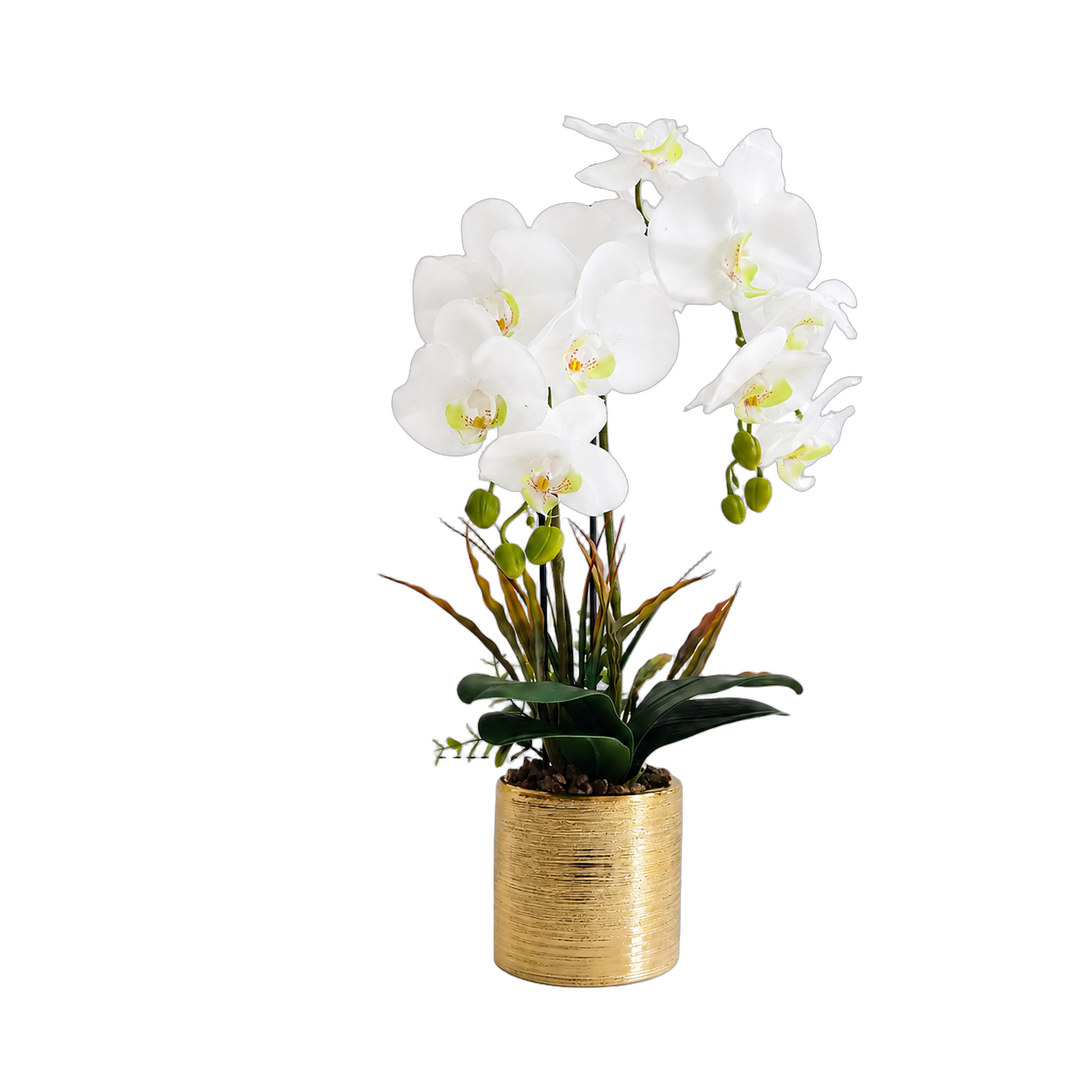 Orquídea artificial real al tacto color blanco en maceta redonda dorada de cerámica (12.5*61cm)