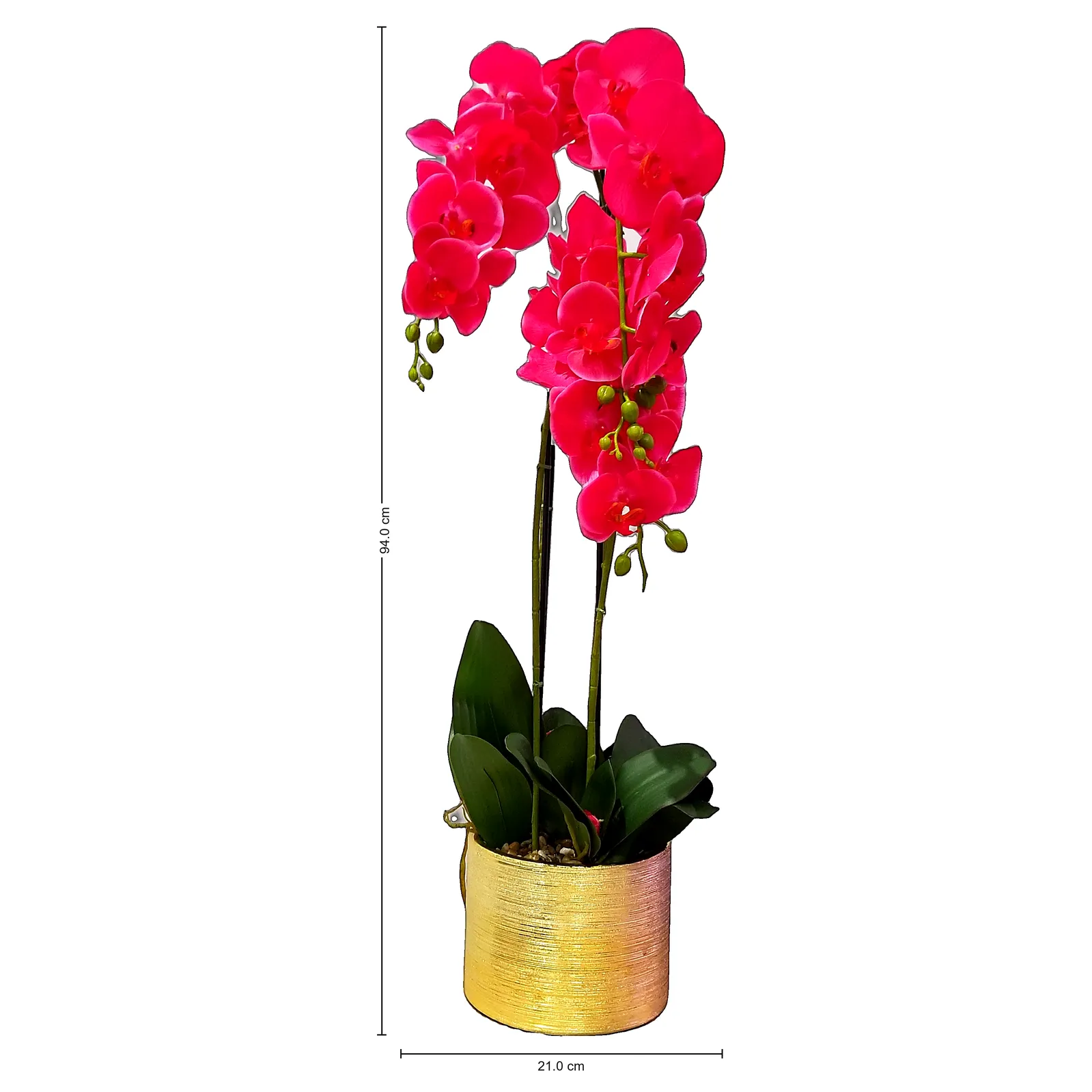 Orquídea artificial real al tacto color fucsia en maceta redonda dorada de cerámica (21*94cm)