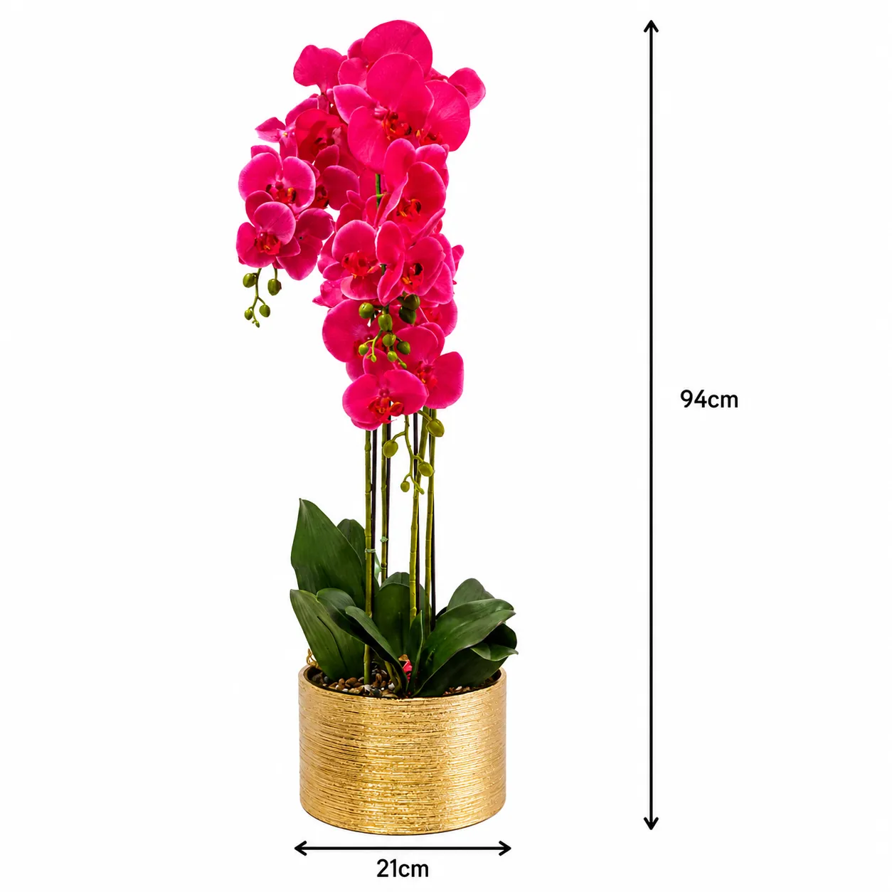 Orquídea artificial real al tacto color fucsia en maceta redonda dorada de cerámica (21*94cm)