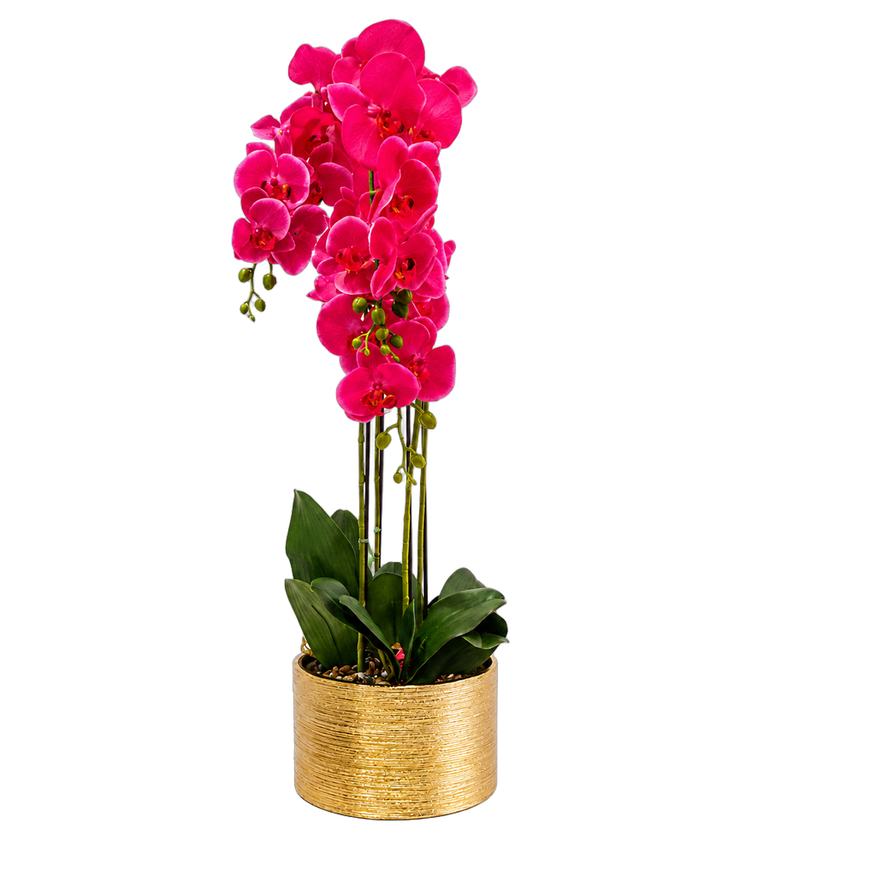 Orquídea artificial real al tacto color fucsia en maceta redonda dorada de cerámica (21*94cm)