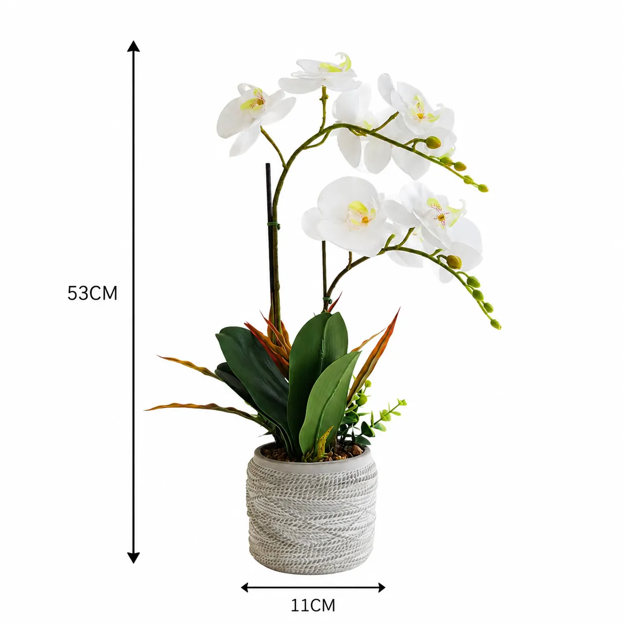Orquídea artificial real al tacto color blanca en maceta redonda gris mate de cerámica (11*53cm)