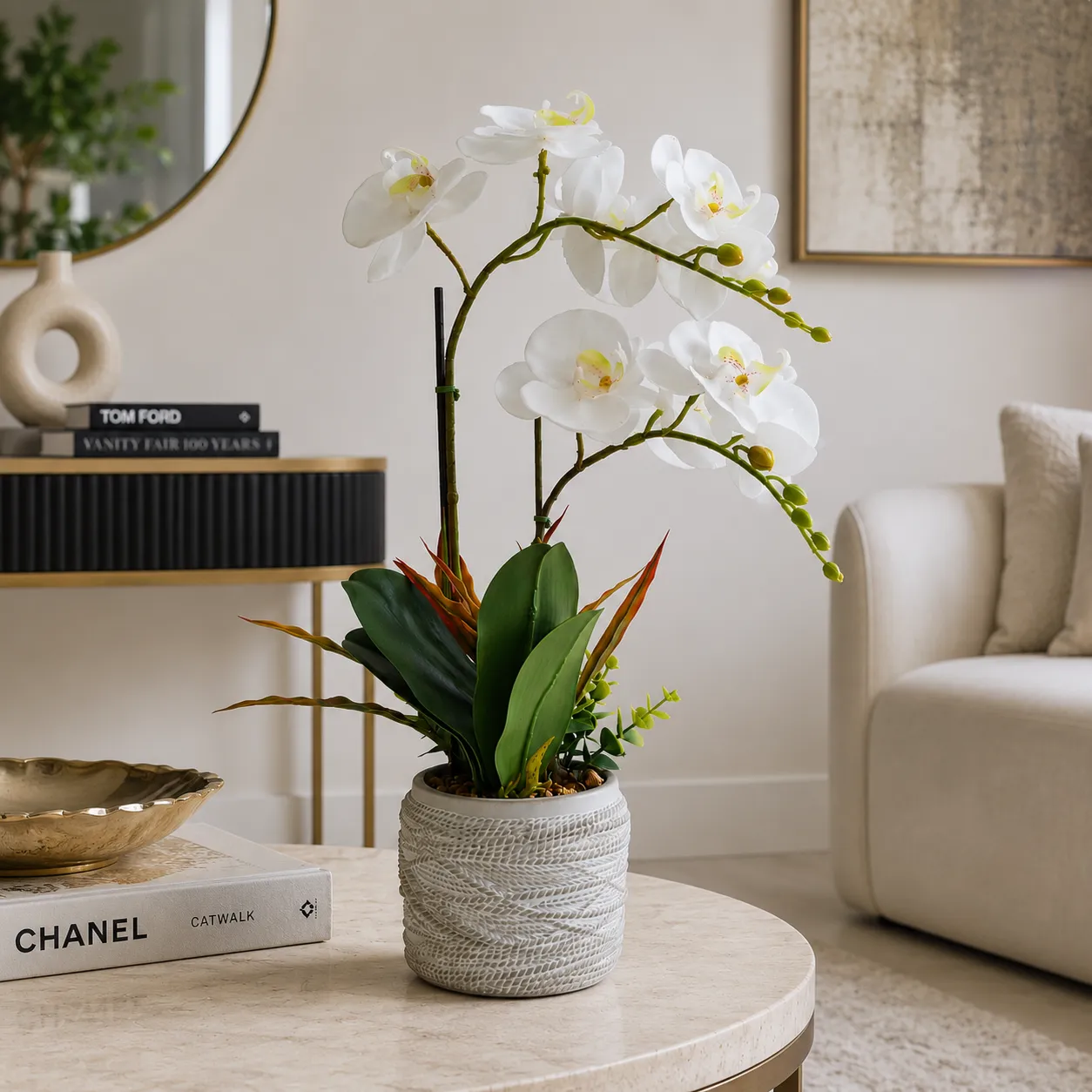 Orquídea artificial real al tacto color blanca en maceta redonda gris mate de cerámica (11*53cm)