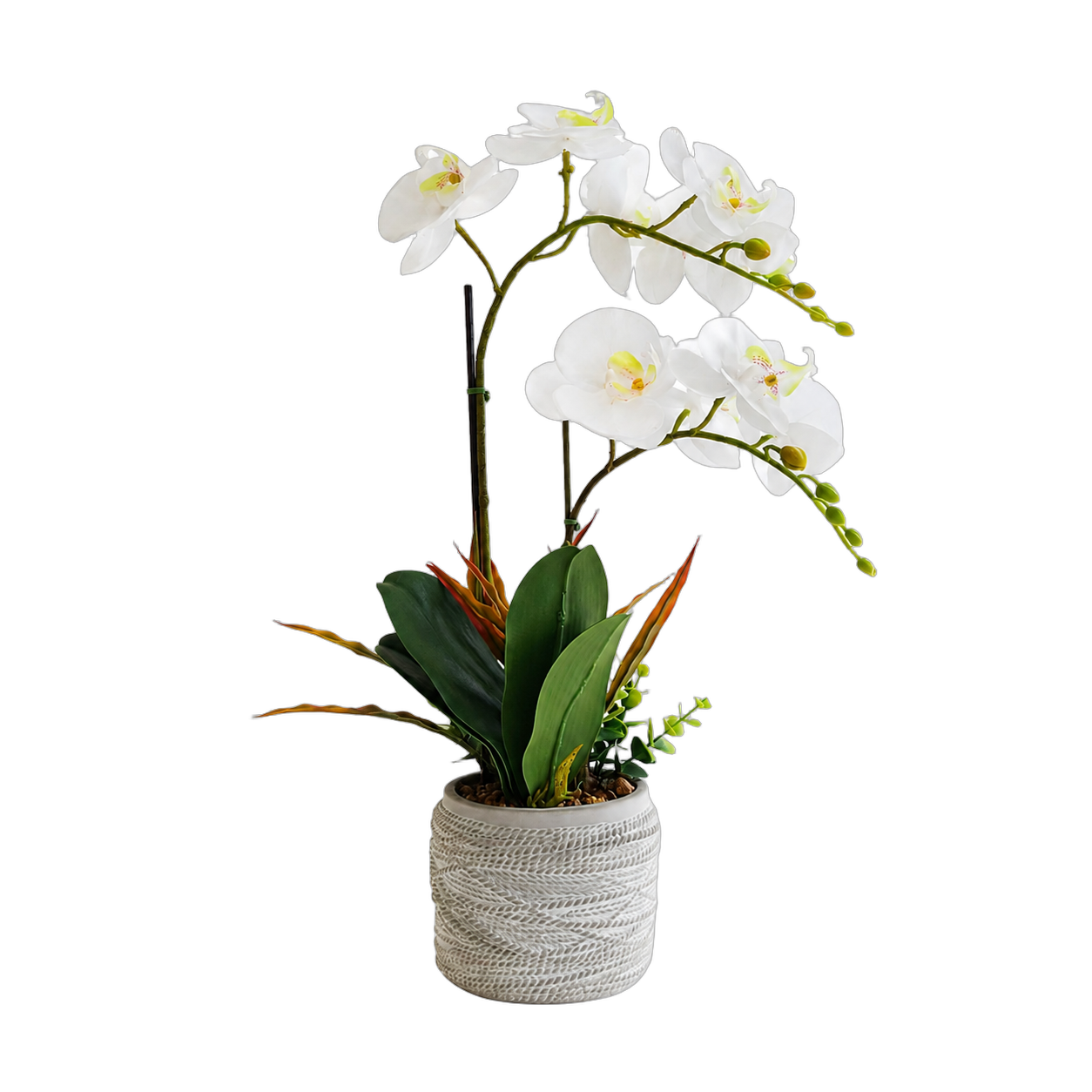 Orquídea artificial real al tacto color blanca en maceta redonda gris mate de cerámica (11*53cm)