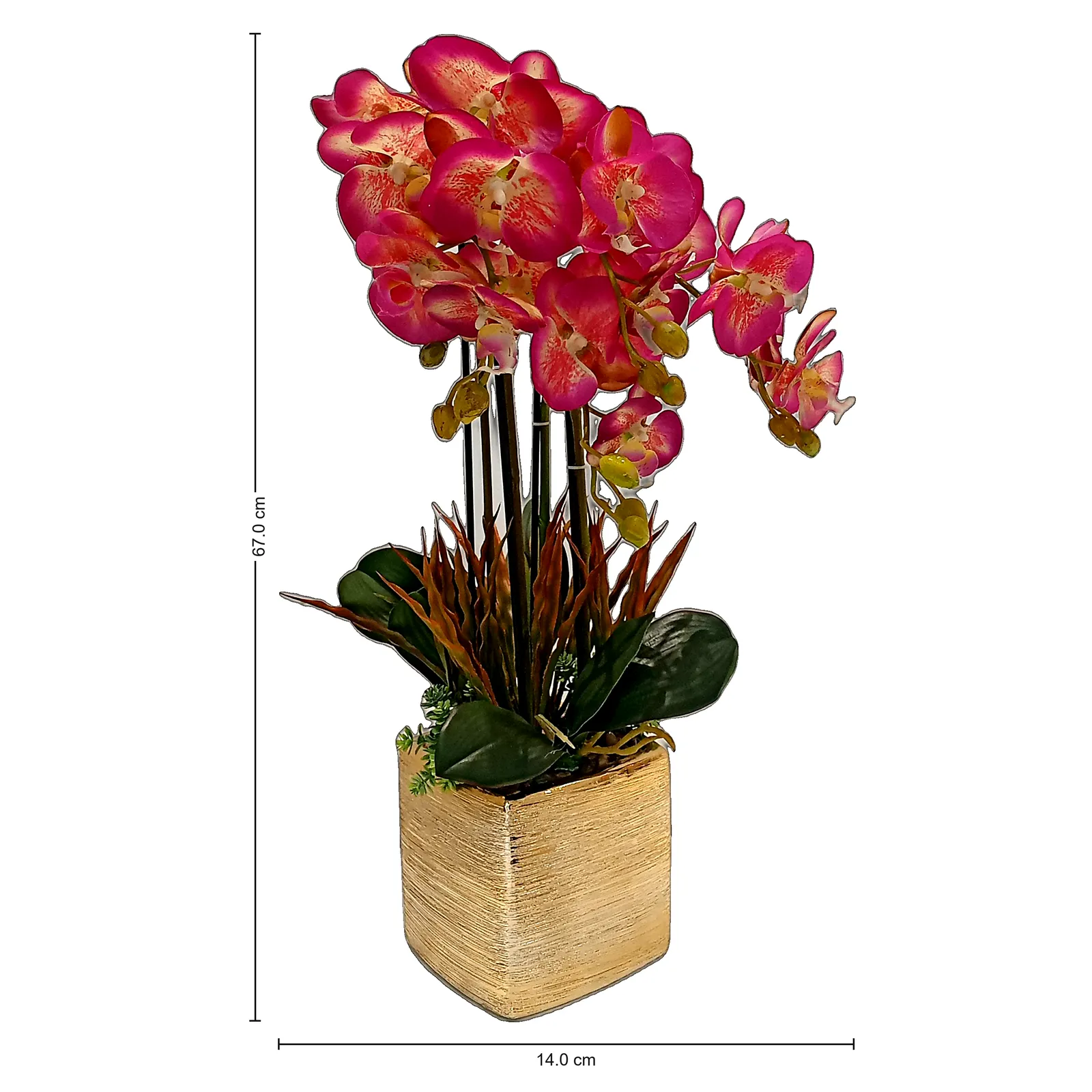 Orquídea artificial real al tacto color lila con beige en maceta redonda dorada de cerámica (14*67cm)