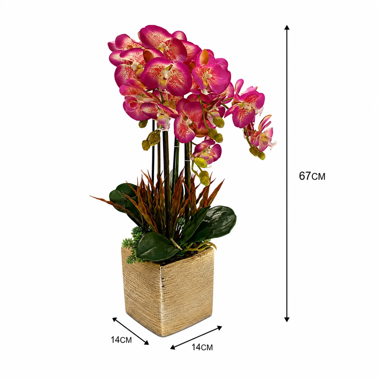 Orquídea artificial real al tacto color lila con beige en maceta cuadrada dorada de cerámica (14*67cm)