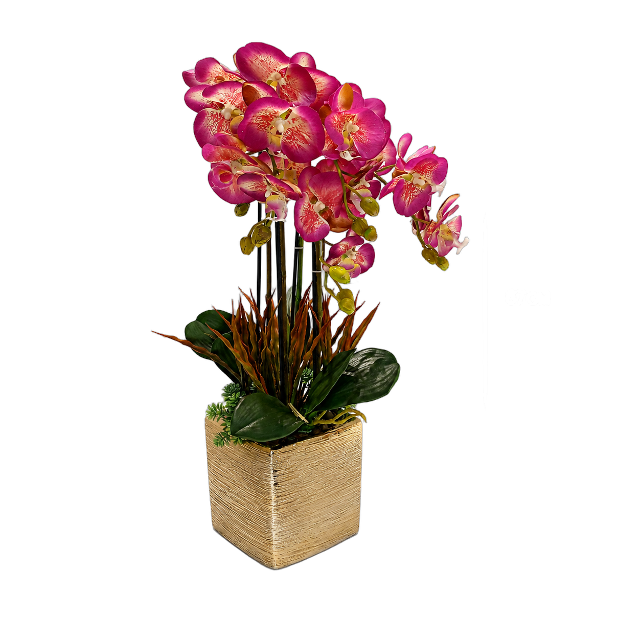 Orquídea artificial real al tacto color lila con beige en maceta cuadrada dorada de cerámica (14*67cm)