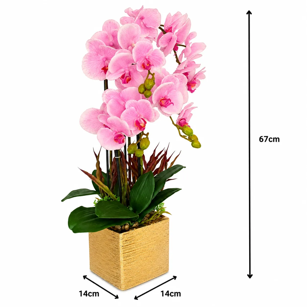 Orquídea artificial real al tacto color rosado en maceta cuadrada dorada (14*67cm)