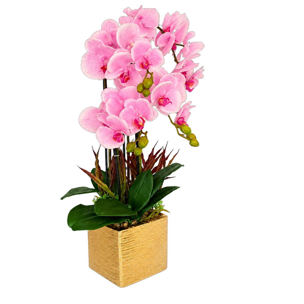 Orquídea artificial real al tacto color rosado en maceta cuadrada dorada (14*67cm)