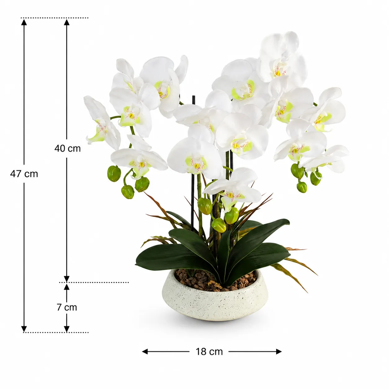 Orquídea artificial real al tacto color blanca en maceta redonda beige de cerámica (18*47cm)