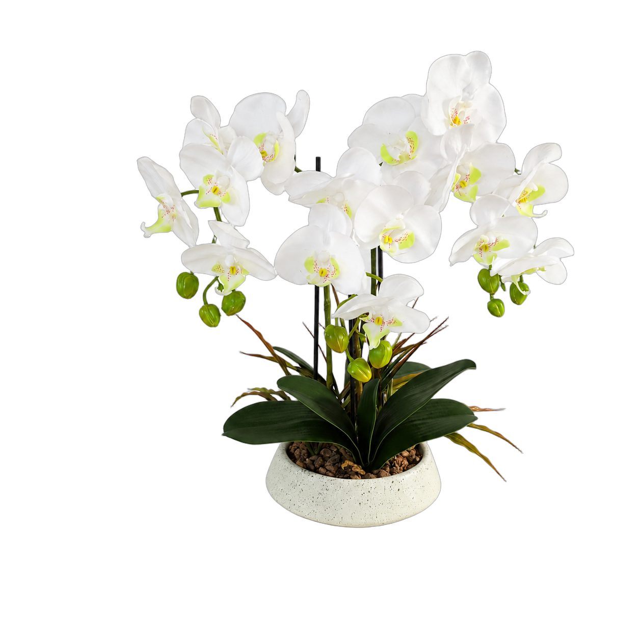 Orquídea artificial real al tacto color blanca en maceta redonda beige de cerámica (18*47cm)