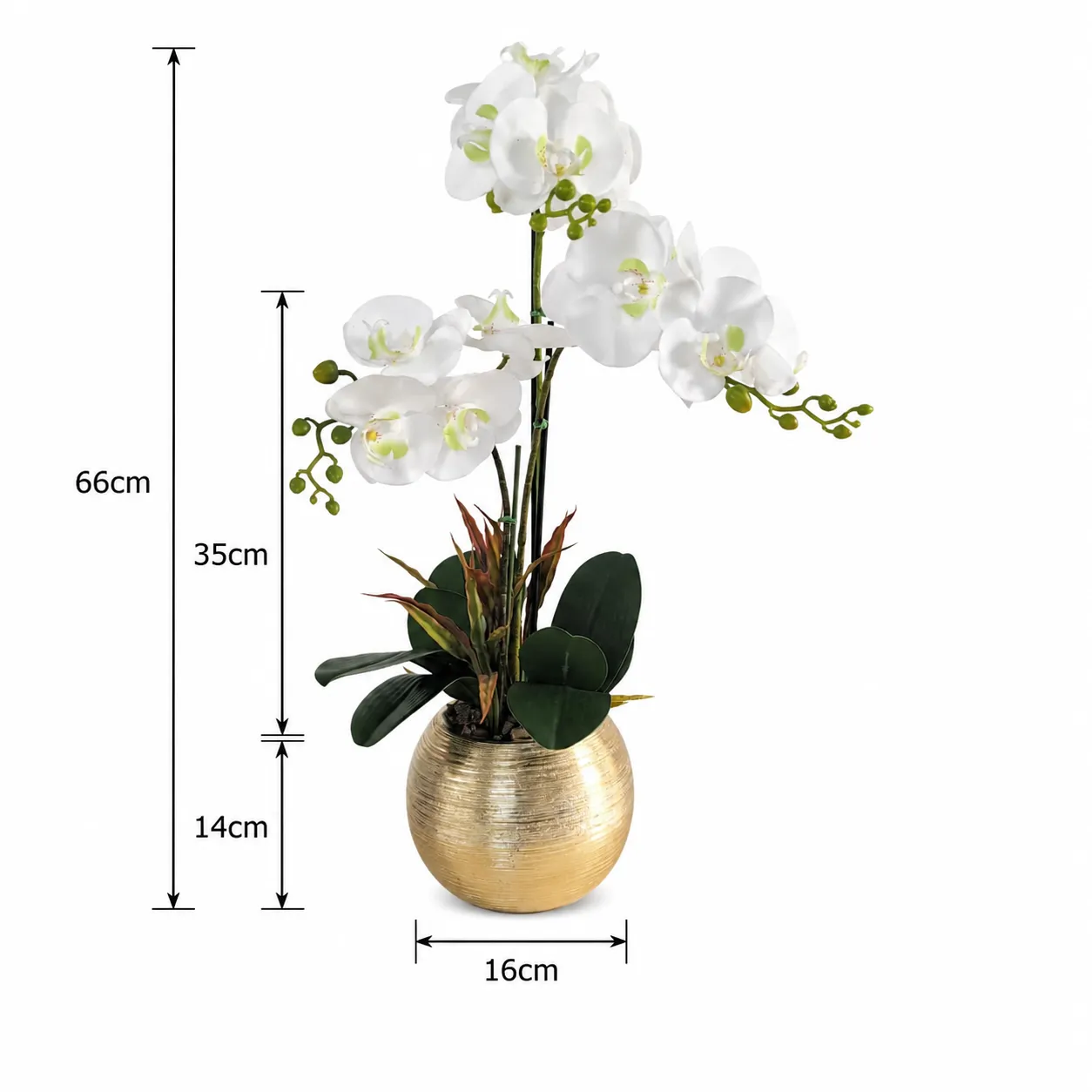 Orquídea artificial real al tacto color blanca en maceta redonda dorada de cerámica (16*66cm)