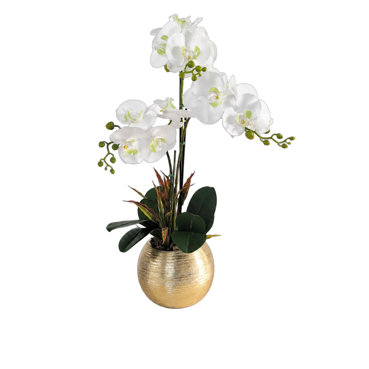 Orquídea artificial real al tacto color blanca en maceta redonda dorada de cerámica (16*66cm)