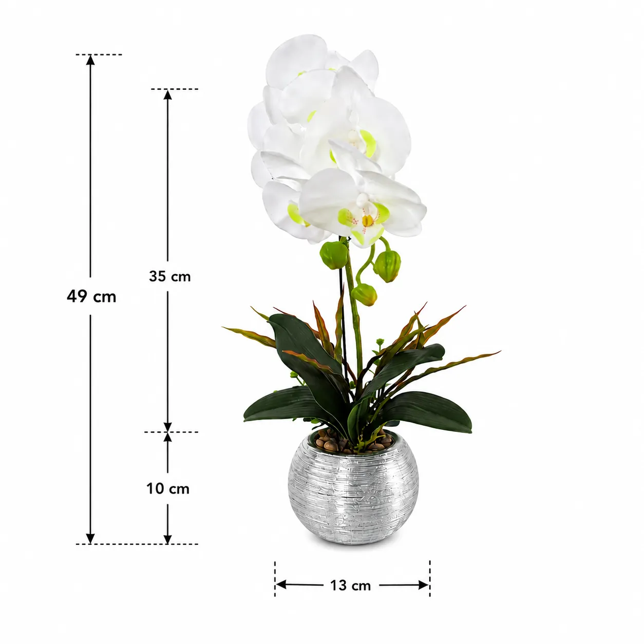 Orquídea artificial real al tacto color blanca en maceta redonda plateada de cerámica (13*49cm)