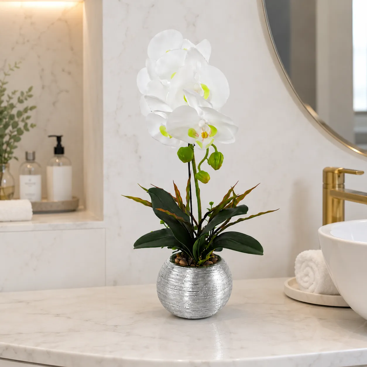 Orquídea artificial real al tacto color blanca en maceta redonda plateada de cerámica (13*49cm)