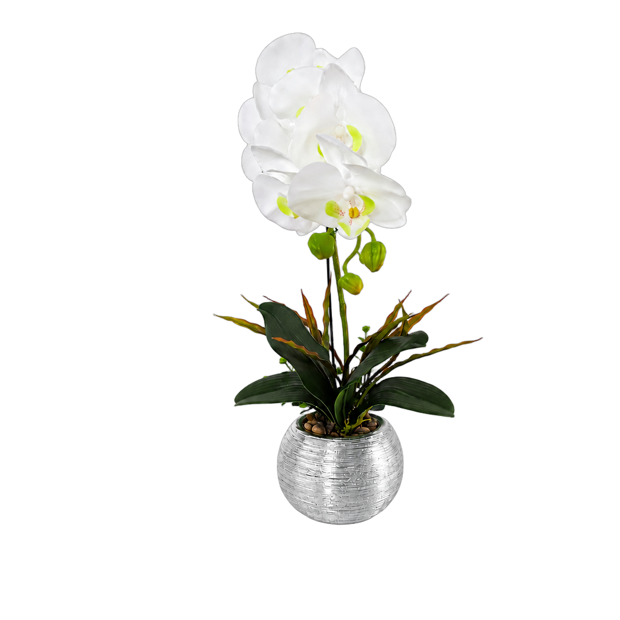 Orquídea artificial real al tacto color blanca en maceta redonda plateada de cerámica (13*49cm)