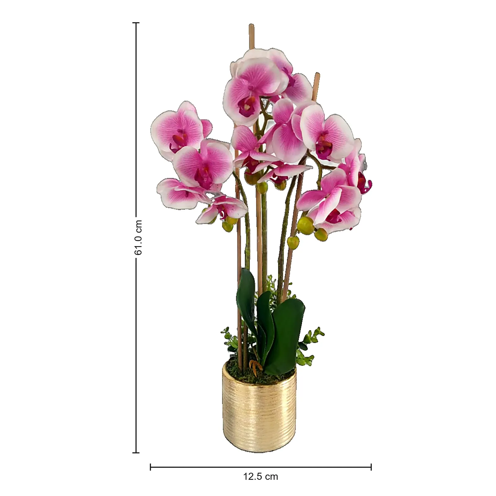 Orquídea artificial real al tacto color blanco con lila en maceta redonda dorada de cerámica (12.5*61cm)