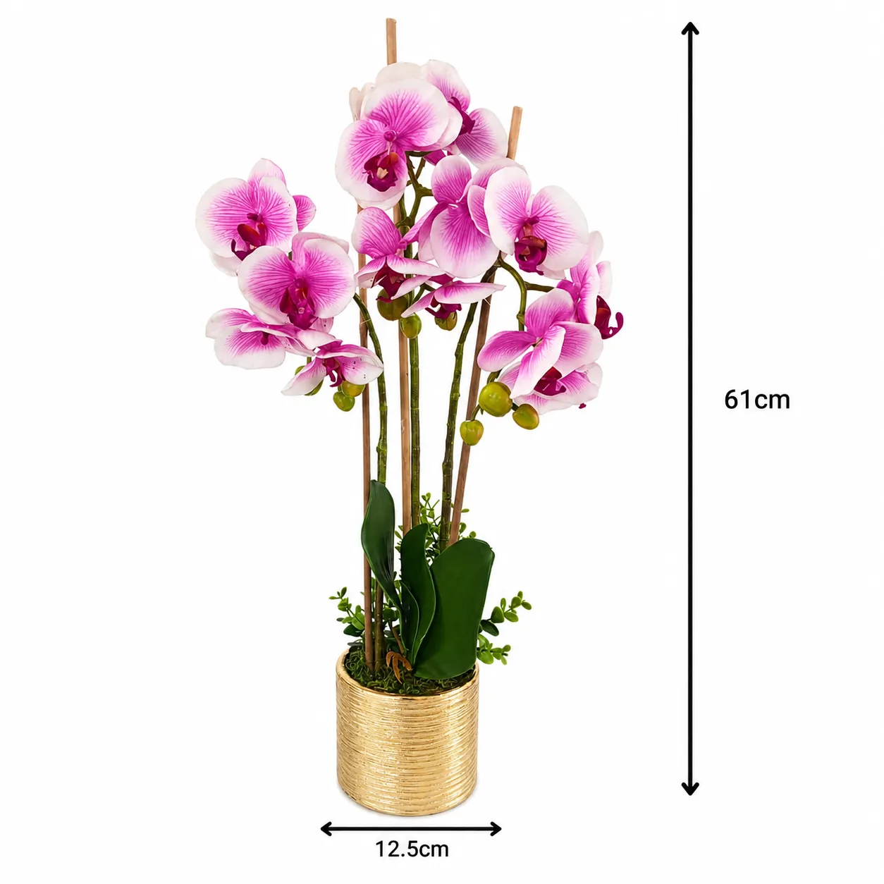Orquídea artificial real al tacto color blanco con lila en macetas redonda dorada de cerámica (12.5*61cm)
