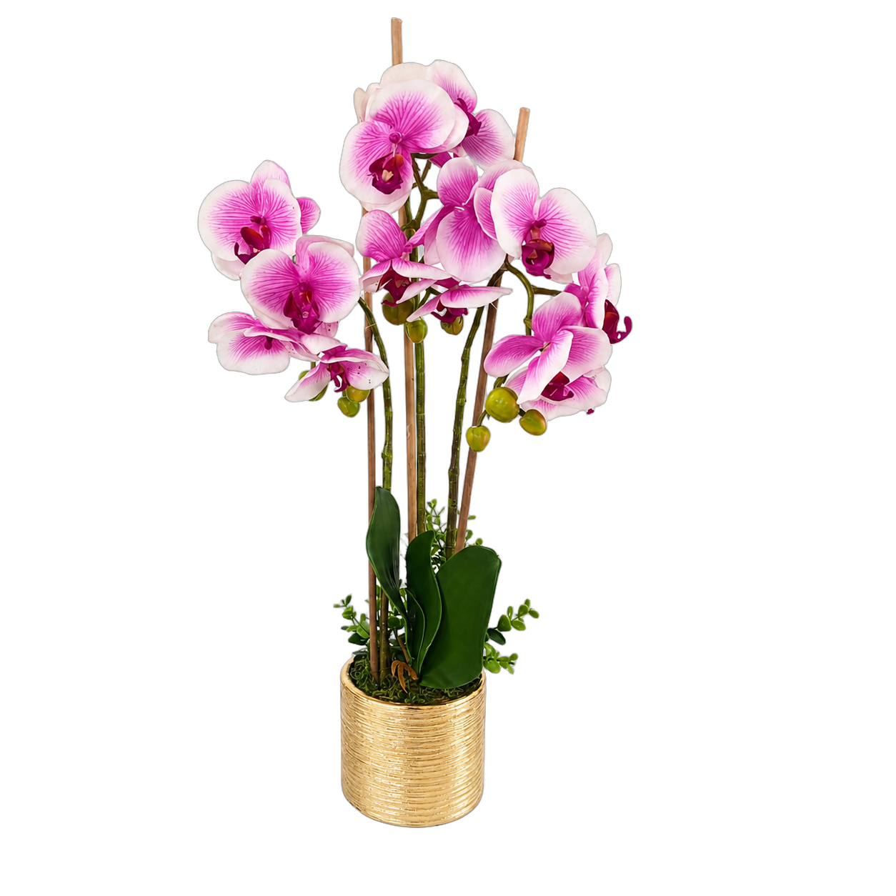 Orquídea artificial real al tacto color blanco con lila en macetas redonda dorada de cerámica (12.5*61cm)