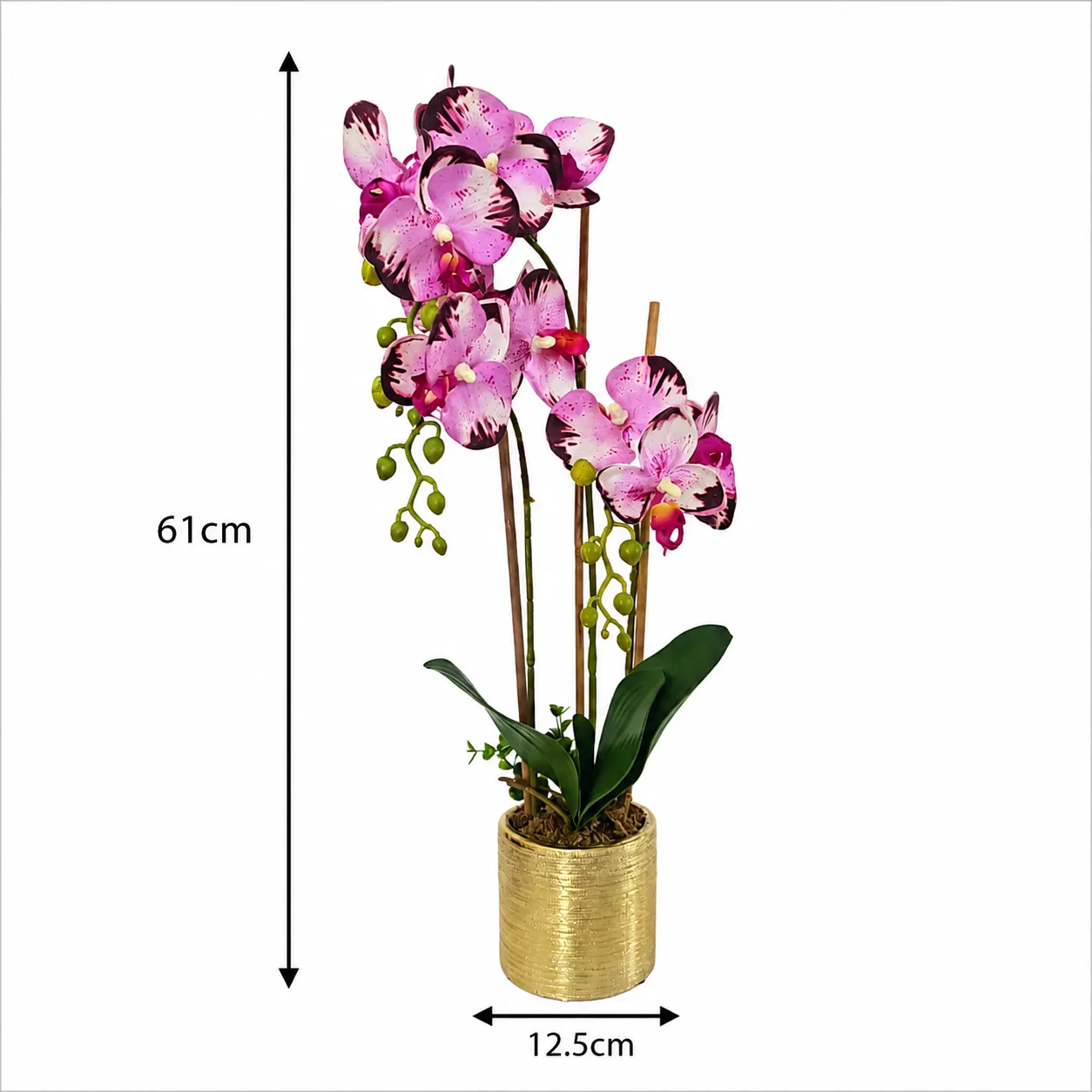 Orquídea artificial real al tacto color morado pastel con café en maceta redonda dorada de cerámica (12.5*61cm)