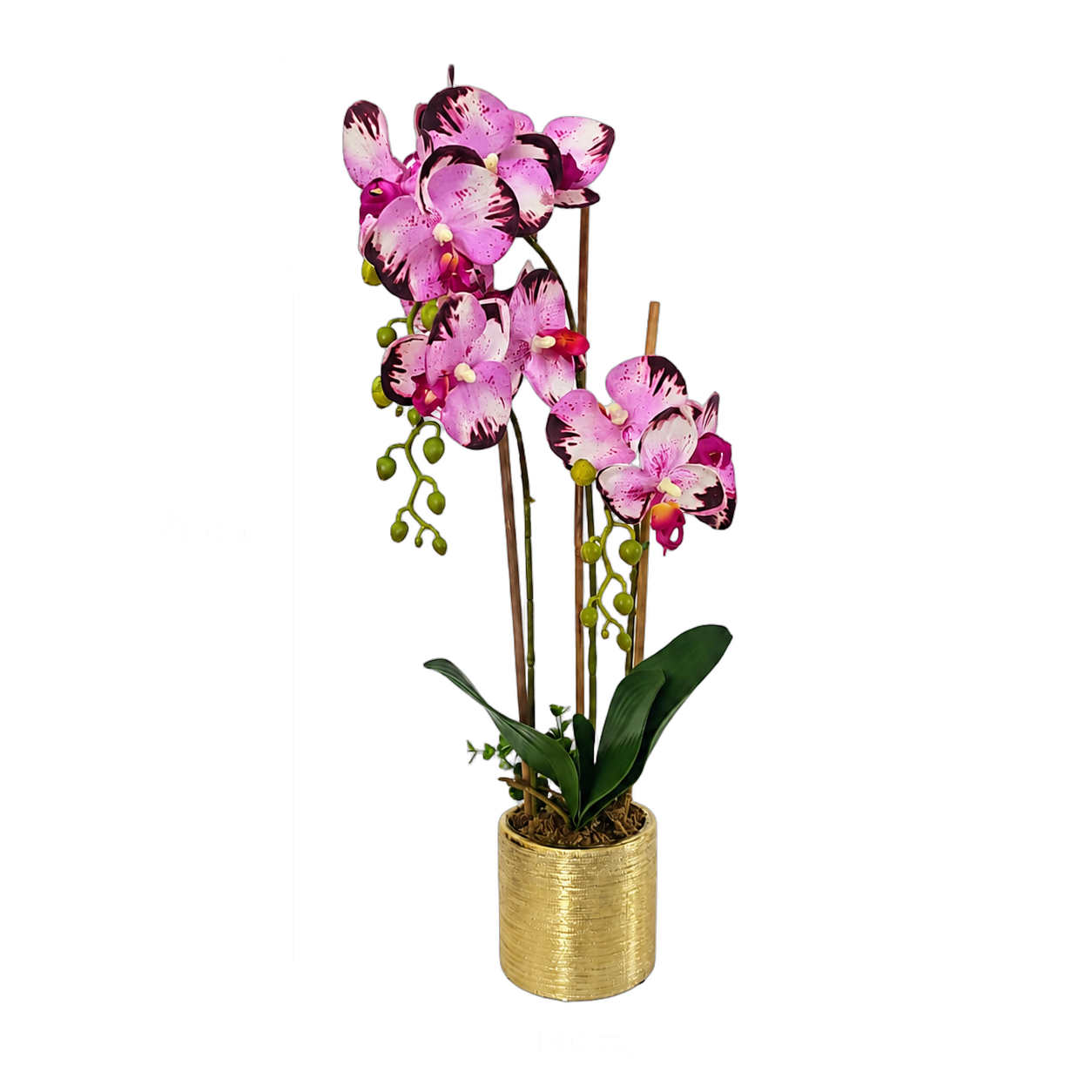 Orquídea artificial real al tacto color morado pastel con café en maceta redonda dorada de cerámica (12.5*61cm)