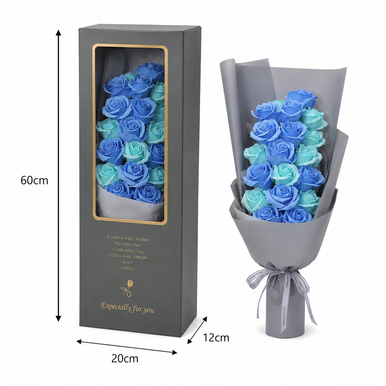 Bouquet de jabón en caja alta, Celeste (20*12*60cm)