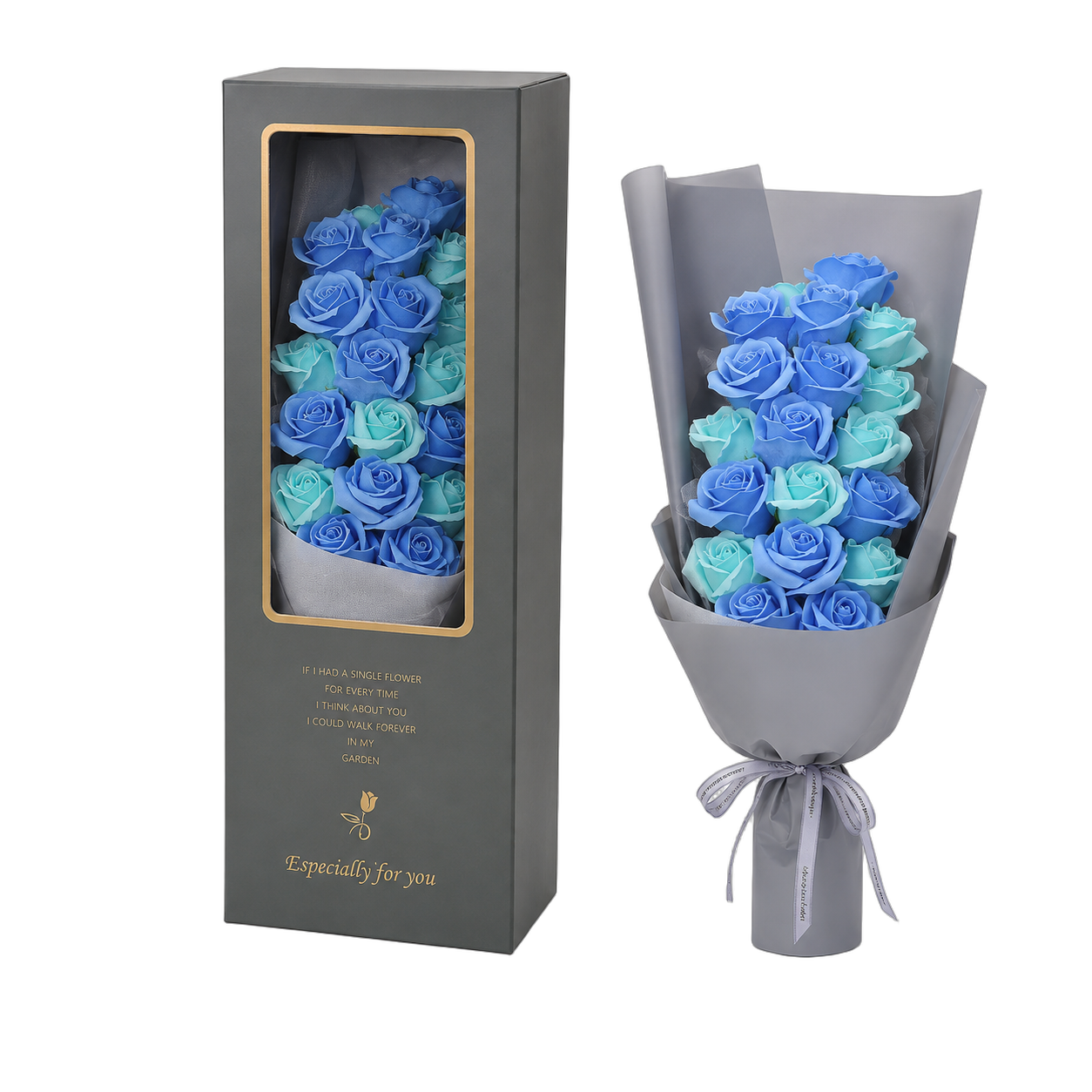 Bouquet de jabón en caja alta, Celeste (20*12*60cm)