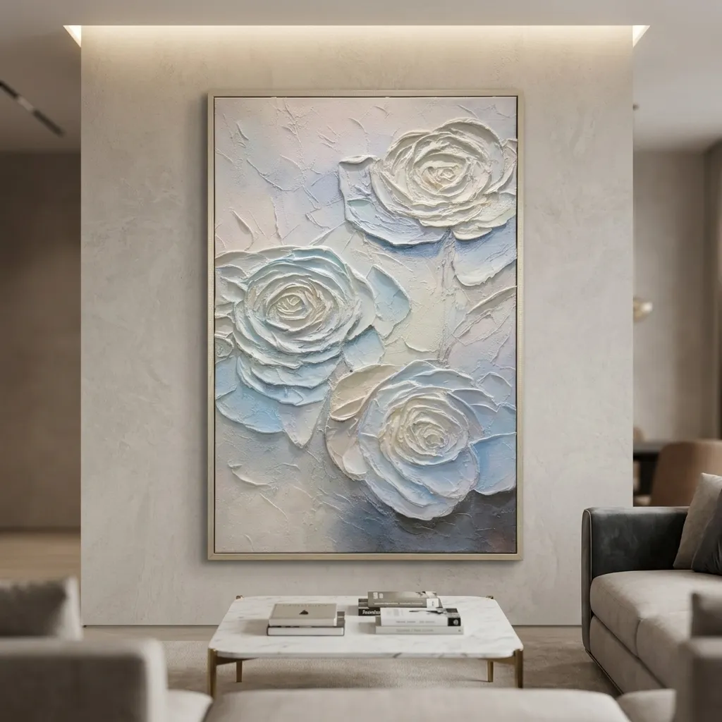 Cuadro abstracto rosas, pintura de óleo hecho a mano, Azul, beige y blanco (80*120cm)