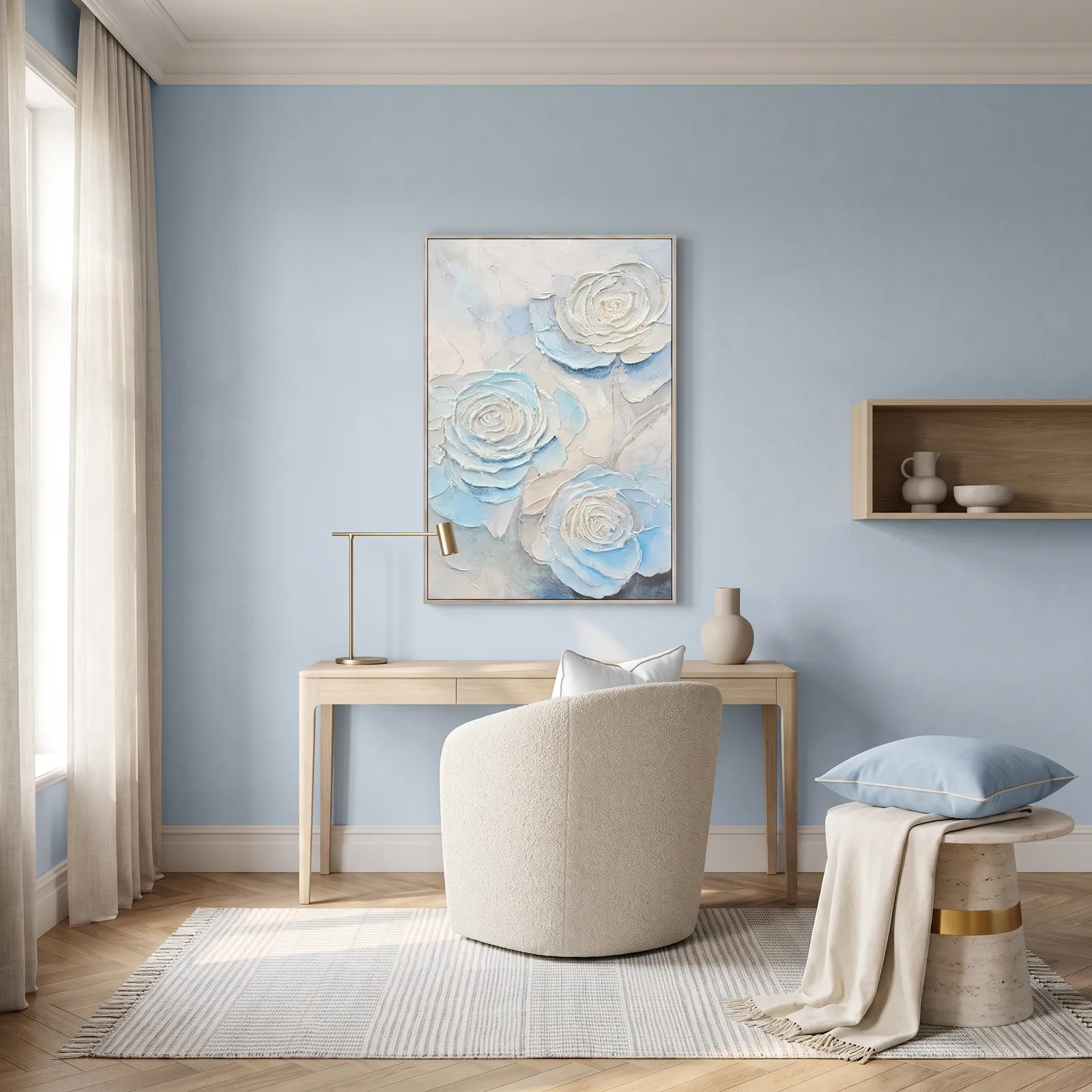 Cuadro abstracto rosas, pintura de óleo hecho a mano, Azul, beige y blanco (80*120cm)