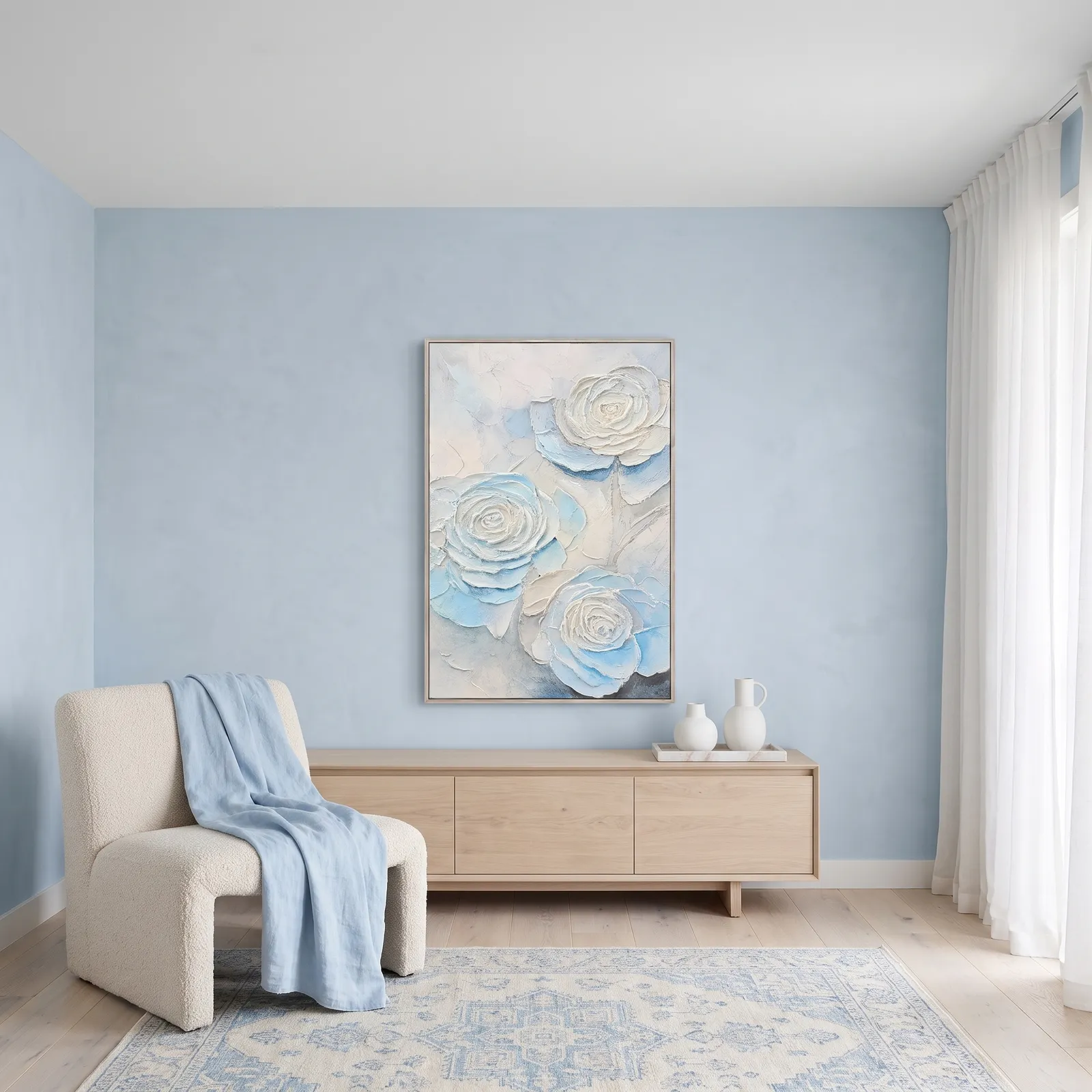Cuadro abstracto rosas, pintura de óleo hecho a mano, Azul, beige y blanco (80*120cm)