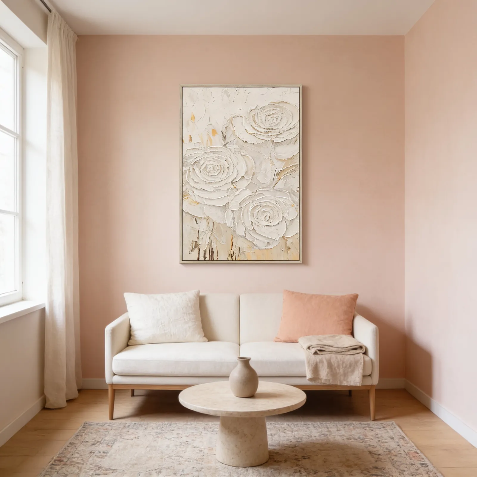 Cuadro abstracto rosas, pintura de óleo hecho a mano, Blanco (80*120cm)