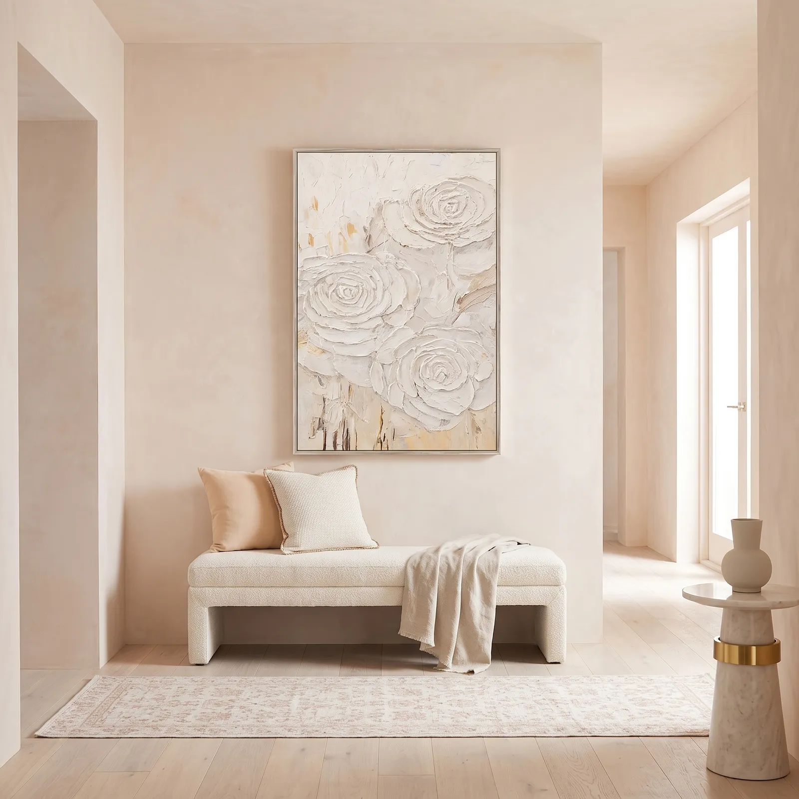 Cuadro abstracto rosas, pintura de óleo hecho a mano, Blanco (80*120cm)