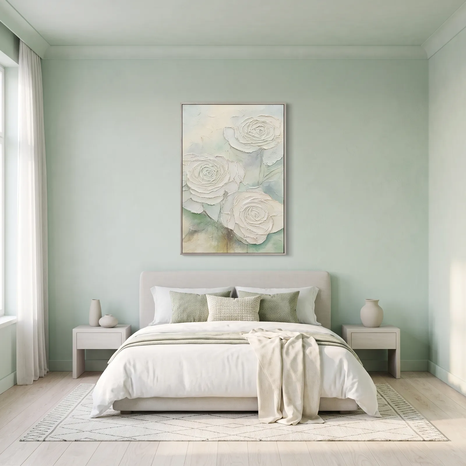 Cuadro abstracto rosas, pintura de óleo hecho a mano, Verde (80*120cm)