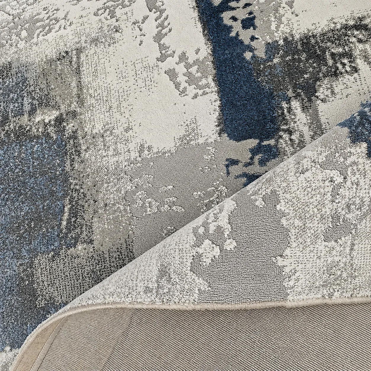 Alfombra abstracta Kris extra grande, Azul y gris, grosor 2 cm, reverso de yute (300*400cm)